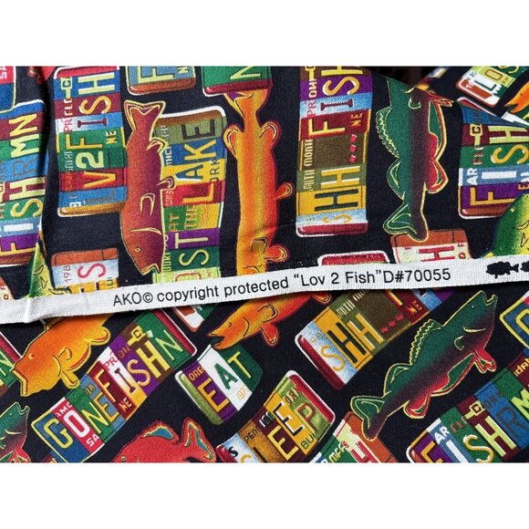 14" x 44" Lov 2 Fish Cotton Fabric with Fishing License Plate Print by AKO - Picture 4 of 6